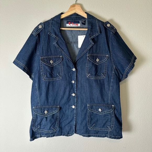 Iwah Jeans Jackets & Blazers - VTG Mwah Jeans Y2K Denim Safari Jacket Short Sleeve Utility Top Plus‎ Size 22/24